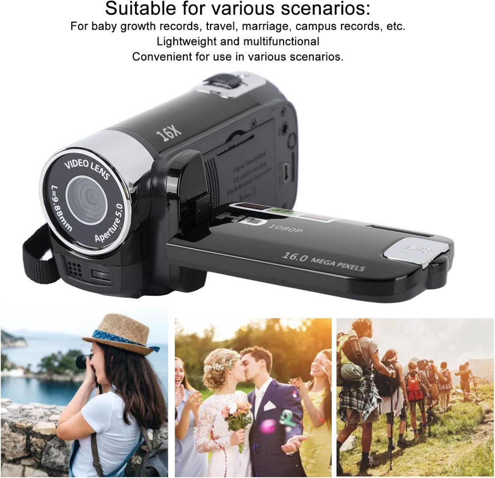 1080P HD Camera Camera Camcorder, 16MP DV Camera 16x Digital Zoom Video Camera, 2.7in TFT Rotatable Screen, Built in Speakers, USB (Black) - Image 2