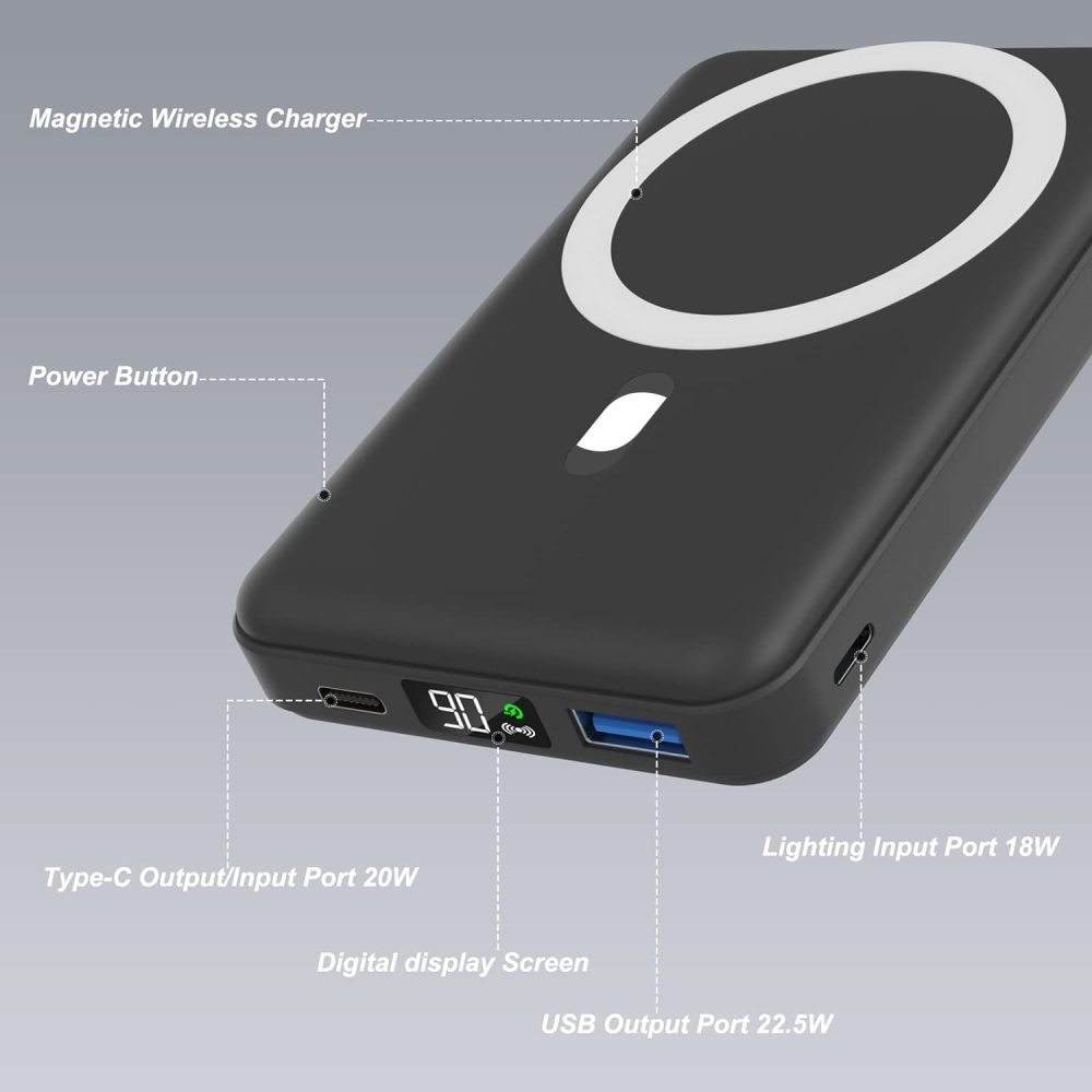 AOGUERBE Magnetic Power Bank, 10000mAh Foldable Wireless Portable Charger with USB-C Cable LED Display, for Mag-Safe Battery Pack 22.5W PD Fast Charging for iPhone 16/15/14/13/12 Pro/Pro Max/Plus/Mini - Image 2